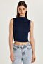 Women's Slim Fit Slim Fit Zero Sleeve Ribbed Modal Fabric Navy Blue Blouse