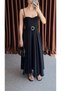 Brand Equivalent Women's Belted Black Long Black Dress with Drops