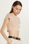 Women's Slim Fit 100% Cotton Crew Neck Printed Beige Crop T-Shirt Blouse - 3