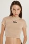 Women's Slim Fit Slim Fit 100% Cotton Crew Neck Printed Beige Crop T-Shirt