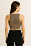 Women's Ribbed Crop Top (Beige Short Sleeveless Crop 95% Cotton 5% Elastane Slim Fit) - 2
