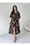 Women's Black Floral Patterned Front Slit Detailed Double Breasted Collar Midi Length Summer Dress - 5