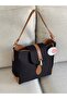 Front Hook and Ring Detail Medium Size Linen Black Women's Shoulder Bag En25 Boy25
