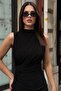 Lined Sandy Fabric Stand Collar Drape Detail Sleeveless Black Midi Dress 13287 - 2