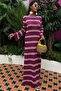 Striped Patterned and Backless Spanish Sleeve Crew Neck Women's Knitwear Long Dress Plum- Ecru - 6