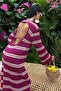 Striped Patterned and Backless Spanish Sleeve Crew Neck Women's Knitwear Long Dress Plum- Ecru - 4
