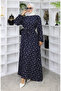 Patterned Belted Dress 2049-01 Navy Blue