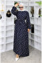 Patterned Belted Dress 2049-01 Navy Blue - 2