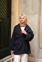 Women's Pocket Detailed Linen Kimono Navy Blue