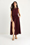 Women's Burgundy Strappy Short Blouse Button Detailed Flared Long Skirt Linen Top and Bottom Set 9322 60281055 - 2