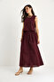 Women's Burgundy Strappy Short Blouse Button Detailed Flared Long Skirt Linen Top and Bottom Set 9322 60281055 - 5