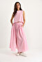 Women's Candy Pink Strappy Short Blouse Button Detail Flared Long Skirt Linen Top and Bottom Set 9322 60281055 - 4