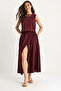Women's Burgundy Strappy Short Blouse Button Detailed Flared Long Skirt Linen Top and Bottom Set 9322 60281055