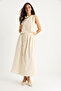 Women's Beige Thick Strap Short Blouse Button Detailed Flared Long Skirt Linen Top and Bottom Set 9322 60281055 - 3