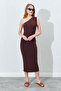 One Shoulder Side Draped Sandy Dress - Brown |   28-1691 - 3