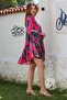 Fuchsia V-Neck Ruffle Sleeve Paisley Pattern Button Skirt Ruffled Casual Viscose Woven Dress 95 60 - 4