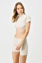 Women's short sleeve stand collar crop ribbed blouse 922 beige - 3