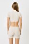 Women's short sleeve stand collar crop ribbed blouse 922 beige - 5
