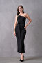 Women's Sandy Fabric One Shoulder Cummerbund and Gold Accessories Design Black Maxi Dress 9026 - 6