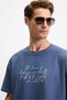 Bondia men's print detailed 100% organic cotton oversize fit crew neck short sleeve indigo t-shirt - 5