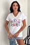 Women's White V-Neck Design Sequin Embroidered 100% Cotton T-Shirt - 4