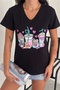 Women's Black V-Neck Design Sequin Embroidered 100% Cotton T-Shirt - 3
