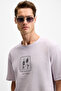 Dapperly Men's Front Print and Embroidery Detailed Organic Cotton Crew Neck Regular Fit Lilac T-Shirt - 4