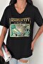 Women's Black V-Neck Large Size Leaf Sequin Sequin Embroidered 100% Cotton Large Size T-Shirt