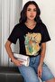 Women's Black V-Neck Large Size Cat Sequin Sequin Embroidered 100% Cotton Large Size T-Shirt - 5