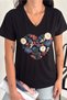 Women's Black V-Neck Design Flower Embroidery Embroidered 100% Cotton T-Shirt