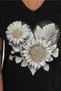 Women's Black V-Neck Floral Sequin Embroidered 100% Cotton T-Shirt - 2