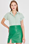Women's Green Striped Short Sleeve Shirt Arm-25Y001059