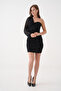 Lined Sandy Fabric Chest Low-Cut One Sleeve Short Black Evening Dress 4000 - 6
