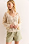 Women's Ecru V-Neck Argyle Patterned Seasonal Knitwear Blouse Blz-19002981 - 4
