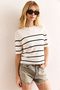 Women's White Black Striped Viscose Draped Knitwear Blouse Blz-19002985 - 2