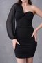 Flexible Fabric Black Mini Dress with One Sleeve and Chest Detail Black Mini Dress 4000 - 4