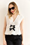 Women's White Bow Detailed Bottom Jumpsuit Textured Blouse Blz-19002997 - 4