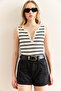 Women's White Snap Fastener Striped Stretchy Crop Blouse Blz-19002994 - 2