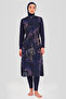 Women's Embroidery Patterned Full Covered Hijab Swimsuit 24511-25 Navy Blue