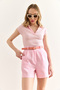 Women's Candy Pink Pocket Lined Washed Linen Shorts Şrt-19000056 - 5