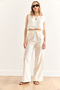 Women's White Pocket Lined Elastic Waist Linen Content Wide Leg Pants Pnt-19000345 - 5