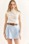 Women's Blue Belted Gabardine Skirt with Shorts Etk-19000324 - 5
