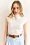 Women's White Stand Collar Stitching Detailed Crop Blouse Blz-19003005 - 2