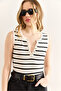 Women's White Snap Fastener Striped Stretchy Crop Blouse Blz-19002994