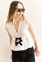 Women's White Bow Detailed Bottom Jumpsuit Textured Blouse Blz-19002997 - 3