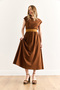 Women's Brown Elastic Waist Bat Combed Cotton Dress Elb-19001509 - 3