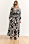 Women's Geometric Black Double Breasted Collar Elastic Waist Maxi Slit Viscose Dress Elb-19002383 - 2