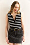 Women's Black Snap Fastener Striped Stretchy Crop Blouse Blz-19002994 - 5