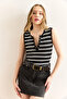 Women's Black Snap Fastener Striped Stretchy Crop Blouse Blz-19002994 - 4