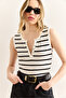 Women's White Snap Fastener Striped Stretchy Crop Blouse Blz-19002994 - 4
